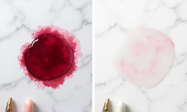 Before and after image of a wine stain being removed from marble